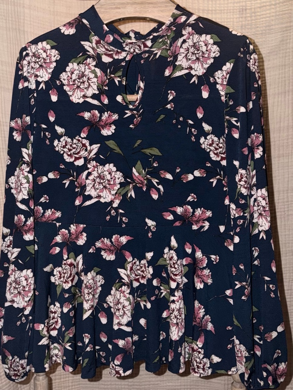 Jessy B Floral Peplum Top Pink & Navy Blue Boho Romantic Long Sleeve Size XL-D